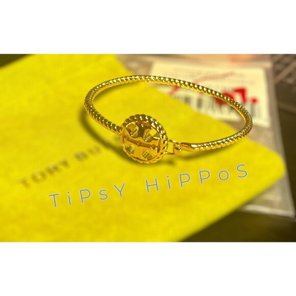 Tory Burch Gold Tone Logo Bracelet With Textured Band & Iconic Emblem - Picture 5 of 9